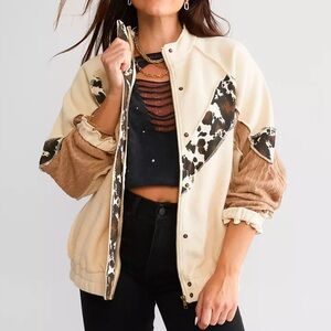 BKE COW PRINT WESTERN BUTTON + ZIP UP PIECED JACKET EXTRA SMALL